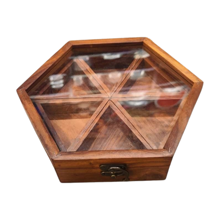 WOODEN SPICE BOX HEXAGON